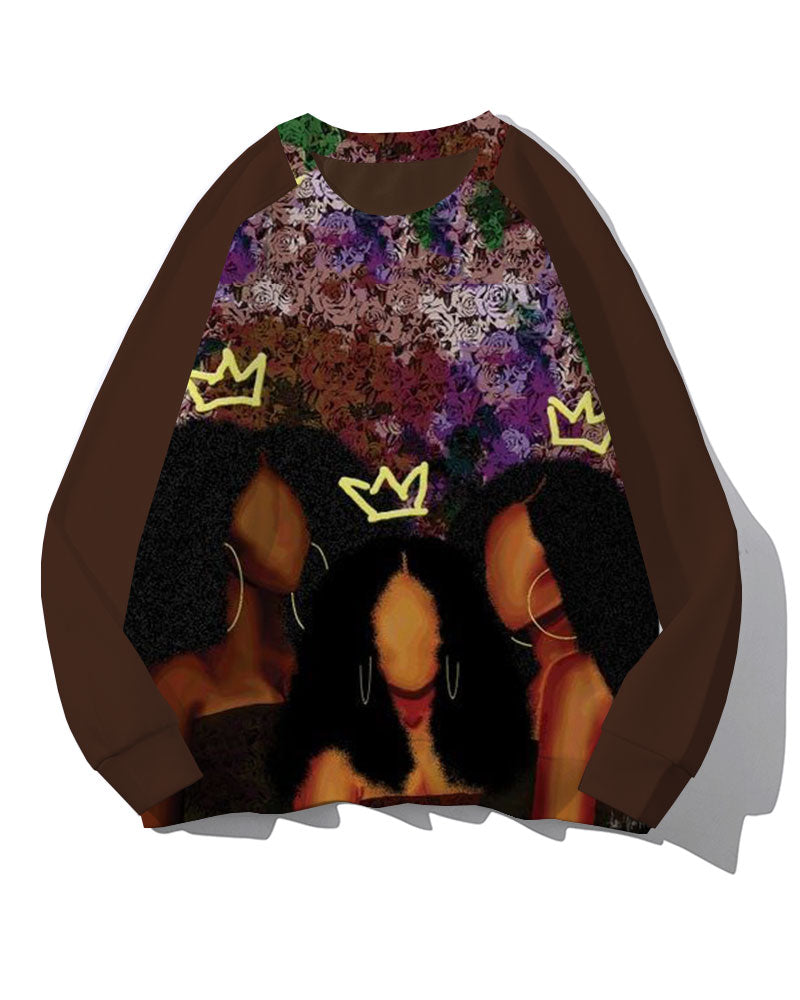 Women's Fashion Afro Girls Together Print Raglan Sleeve Sweatshirt