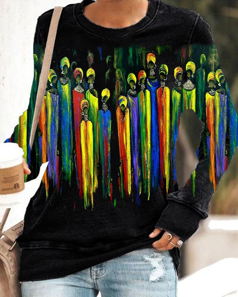 Artistic Black Print Round Neck Long Sleeve Top