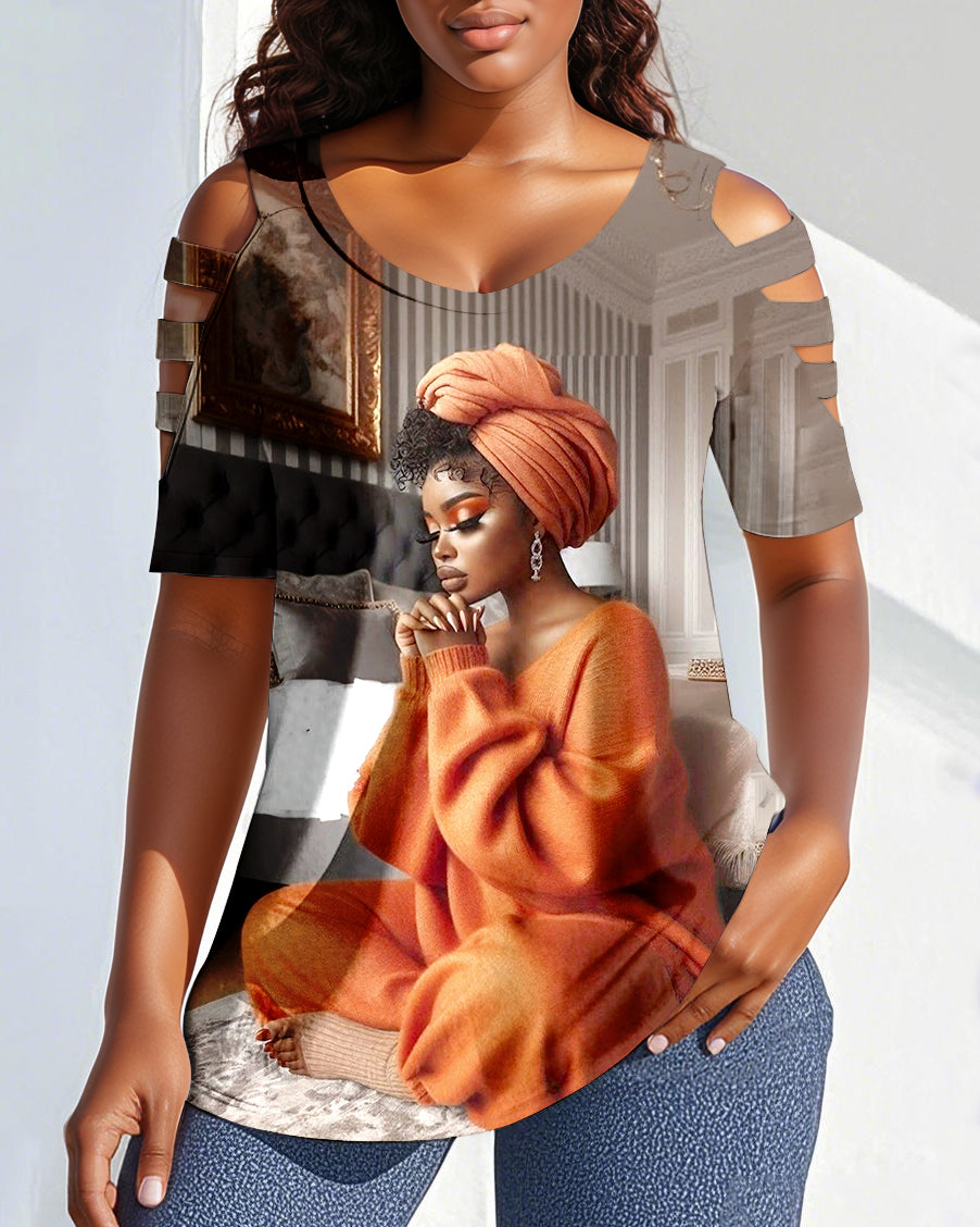 Praying Woman Illustration Round Neck Off-shoulder Short-sleeved T-shirt