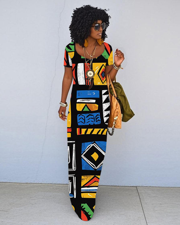 Abstract Multicolor Print Short Sleeve Crewneck Maxi Dress