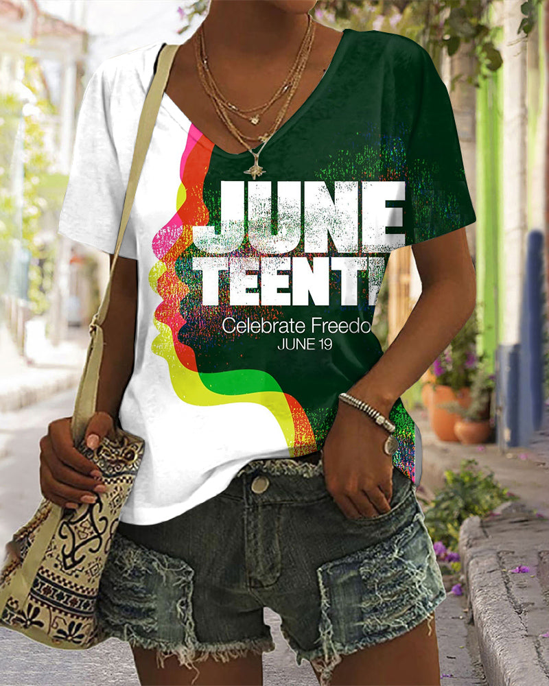 Juneteenth Face Art V Neck Short Sleeve Tshirt