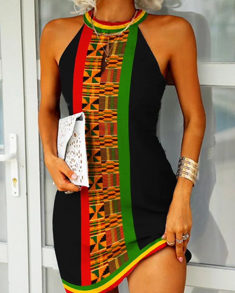 Ethnic Print Sleeveless Casual Ladies Dress