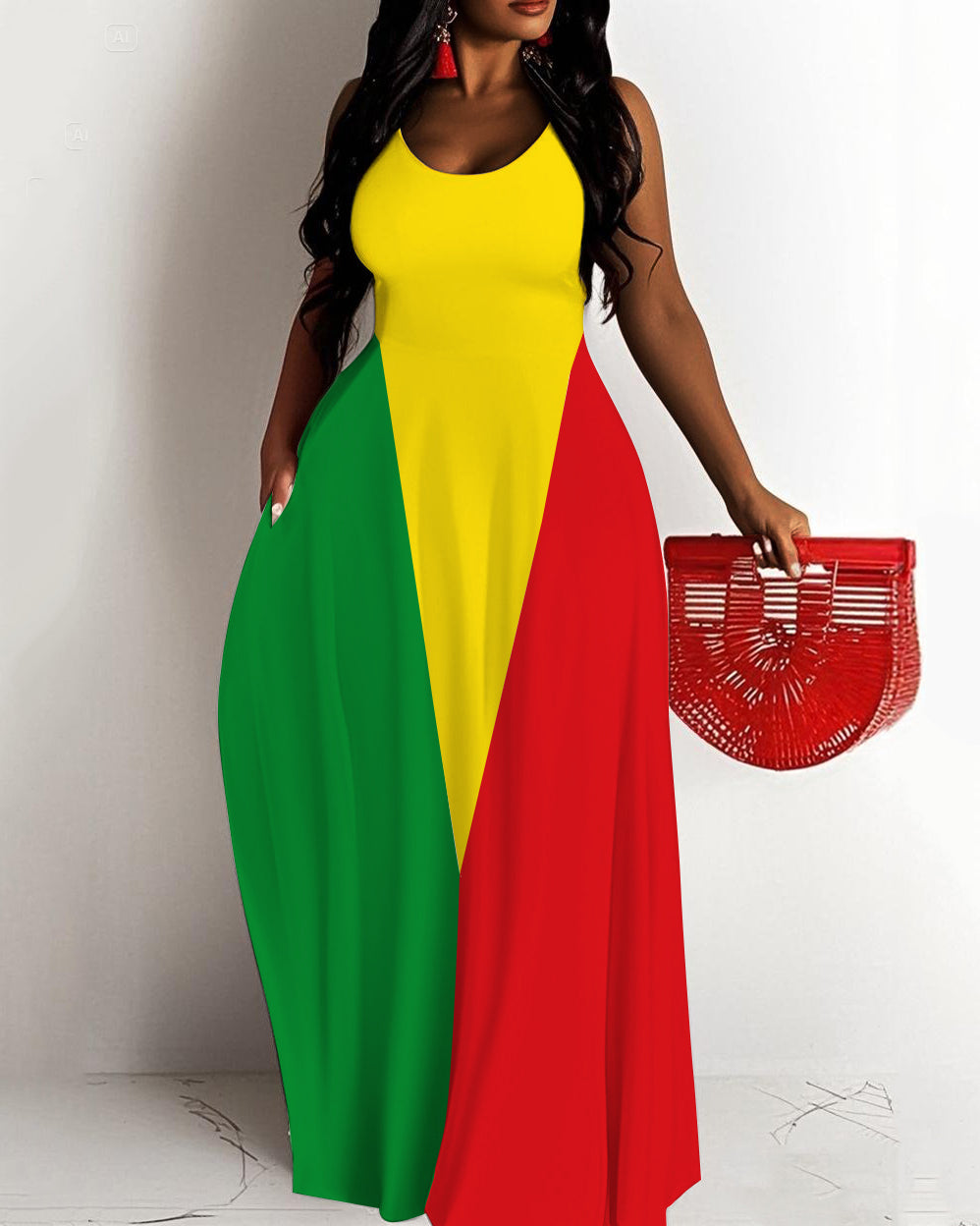 Reggae Color Block Stitching Crew Neck Sleeveless Maxi Dress
