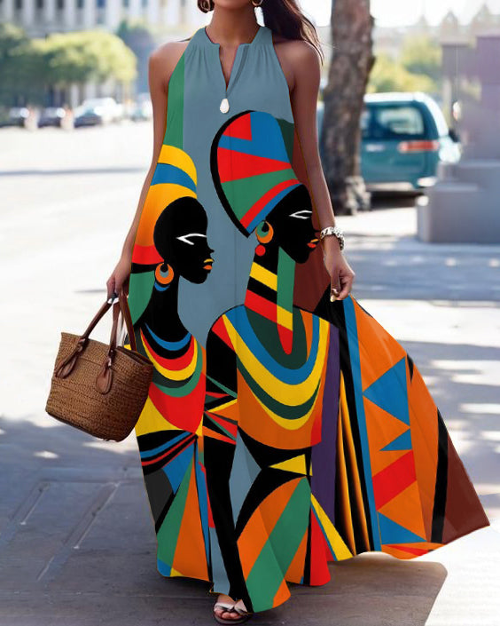 Women's Sleeveless V-neck Tribal Girl Maxi Dress