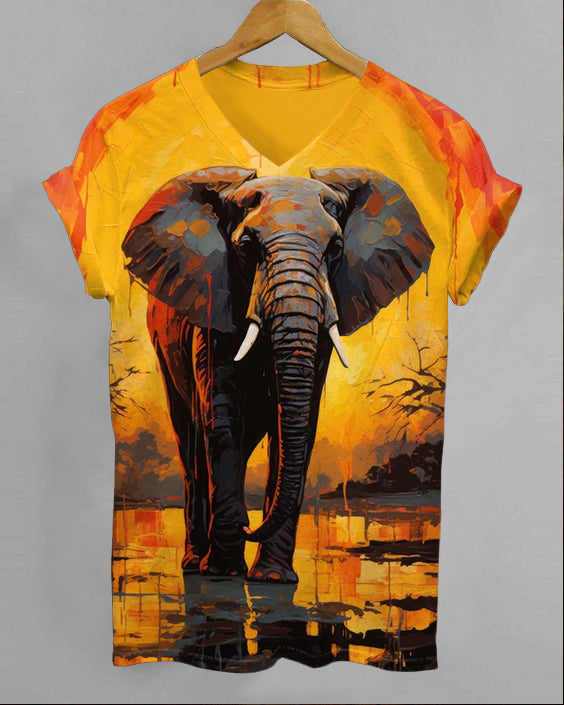 African Elephant Oil Painting V-neck Short Sleeve Tshirt