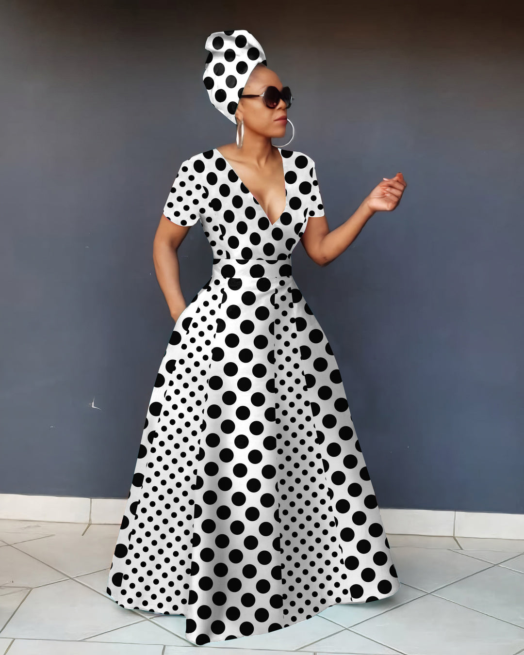 V Neck Polka Dot Stitching Casual Short Sleeve Maxi Dress