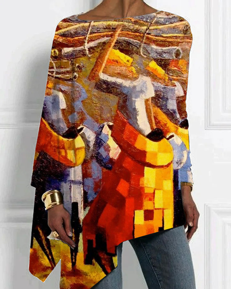 Fashion Oil Painting Retro Print Irregular Hem Top