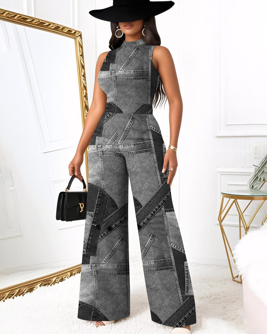 Black Denim Patch Print Wide Leg Jumpsuit