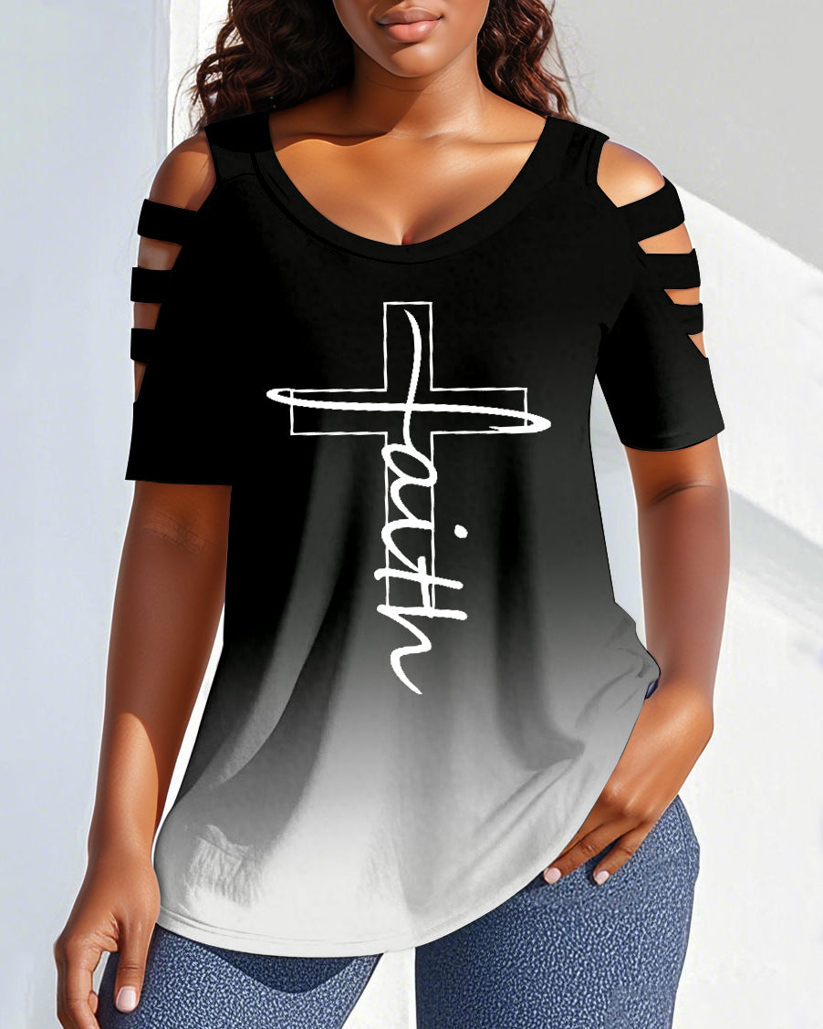 Gradient Color Faith Letters Round Neck Off-shoulder Short-sleeved T-shirt