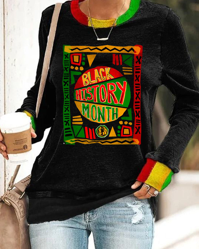 Black History Month Contrast Lettering Long Sleeve Women's Crew Neck Top