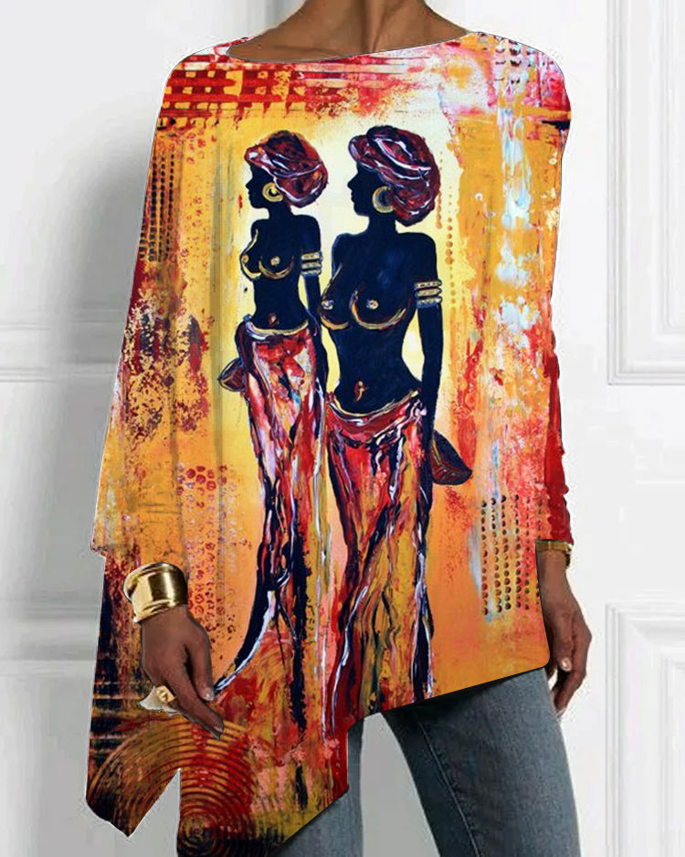 Personalized oil painting fashion black printing irregular hem top