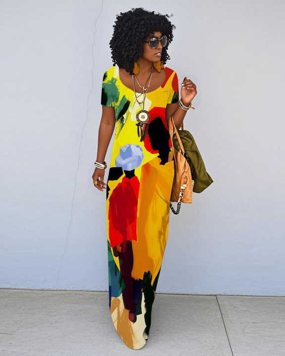Colorful Afrocentric Abstract Print Short Sleeve Crew Neck Maxi Dress