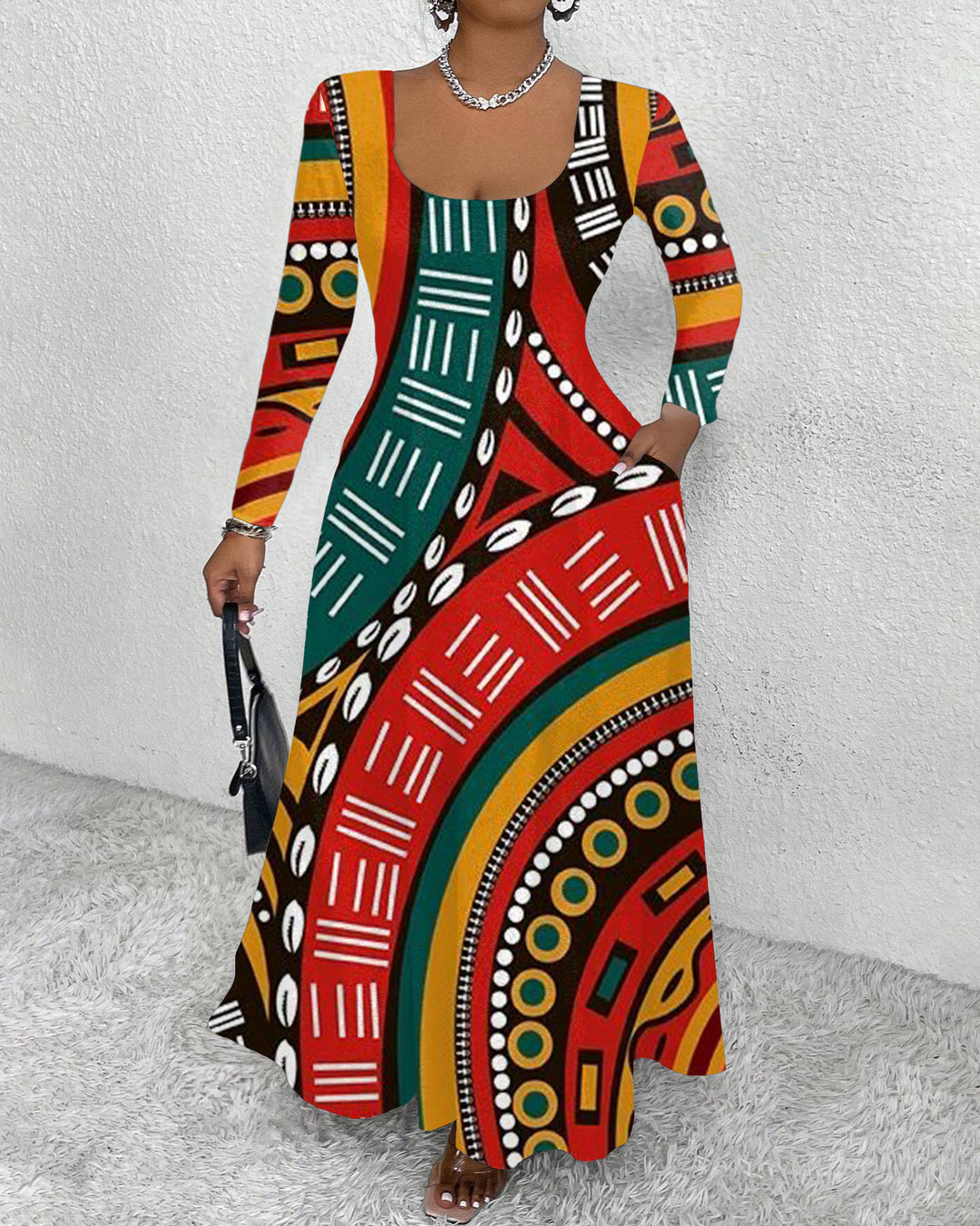 African Abstract Tribal Totem Long Sleeve Maxi Dress