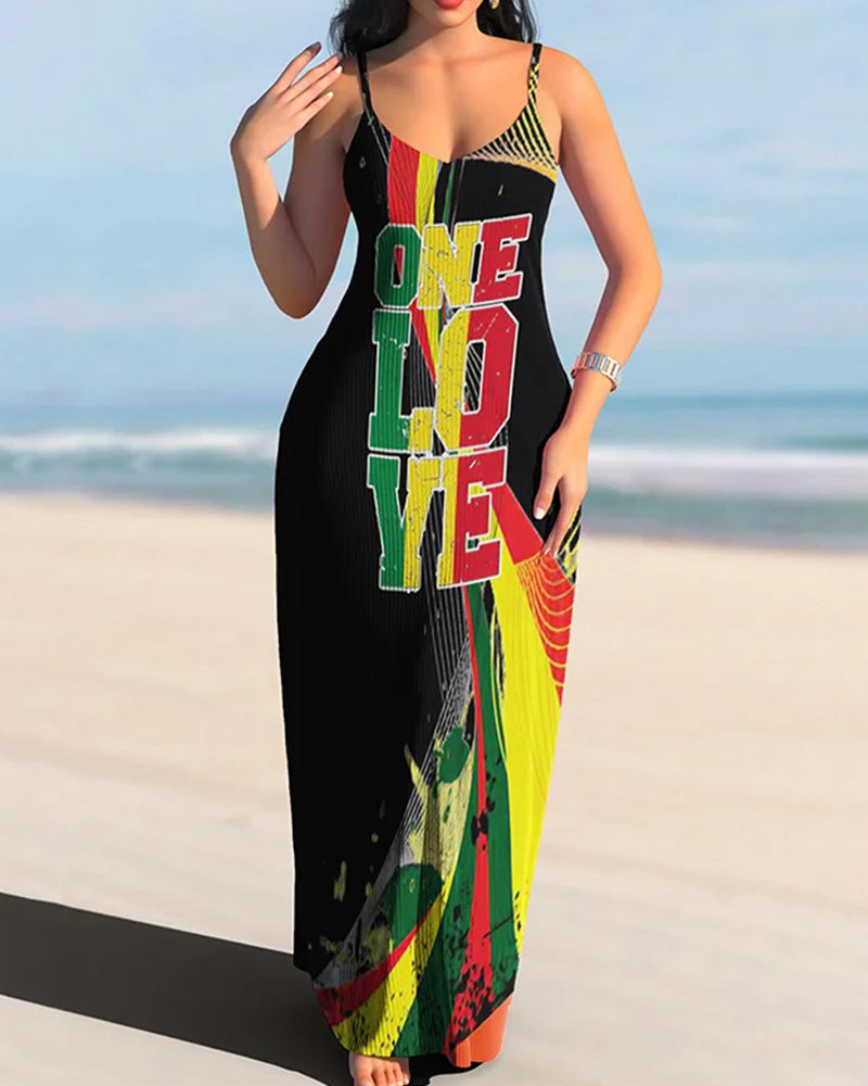 Sexy Contrasting Color Alphabet Print Suspender Casual Long Dress