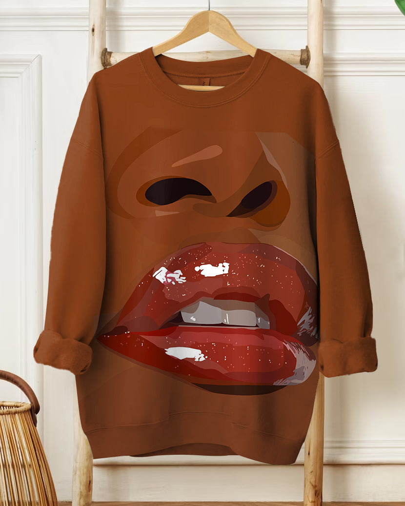 Fashion Brown Sexy Lips Girl Cartoon Print Long Sleeve Sweatshirt