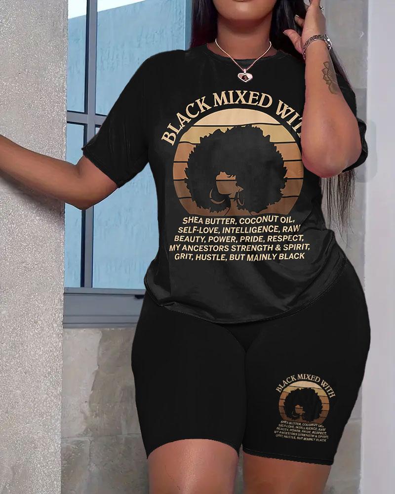Women's Black Mixed White Print Short Sleeve Shorts Set