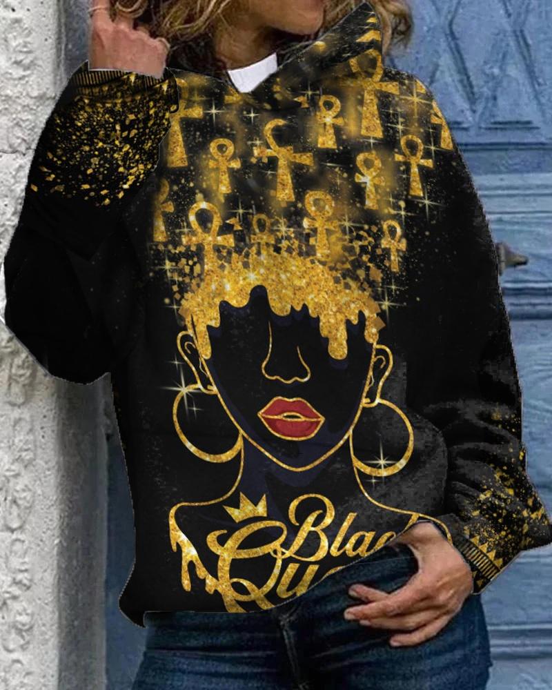 Casual Shiny Black Women's Printed Hoodie