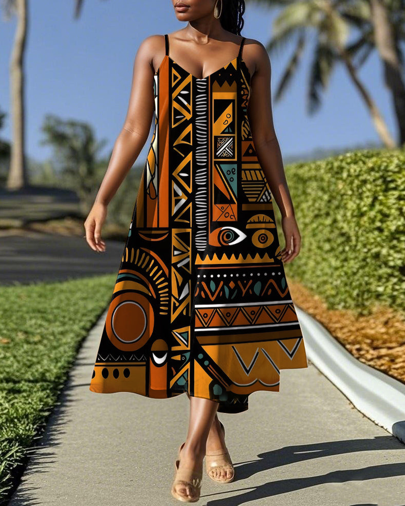Tribal Totem Prints Suspenders Midi Dresses