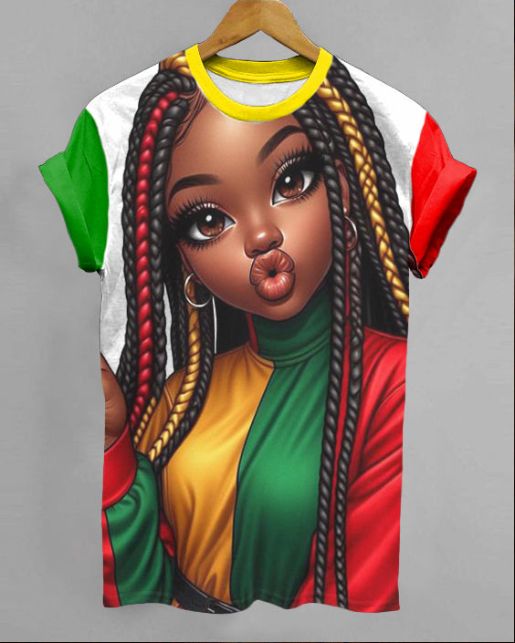 June Festival Color Dreadlocks Black Girl Print Short-sleeved T-shirt