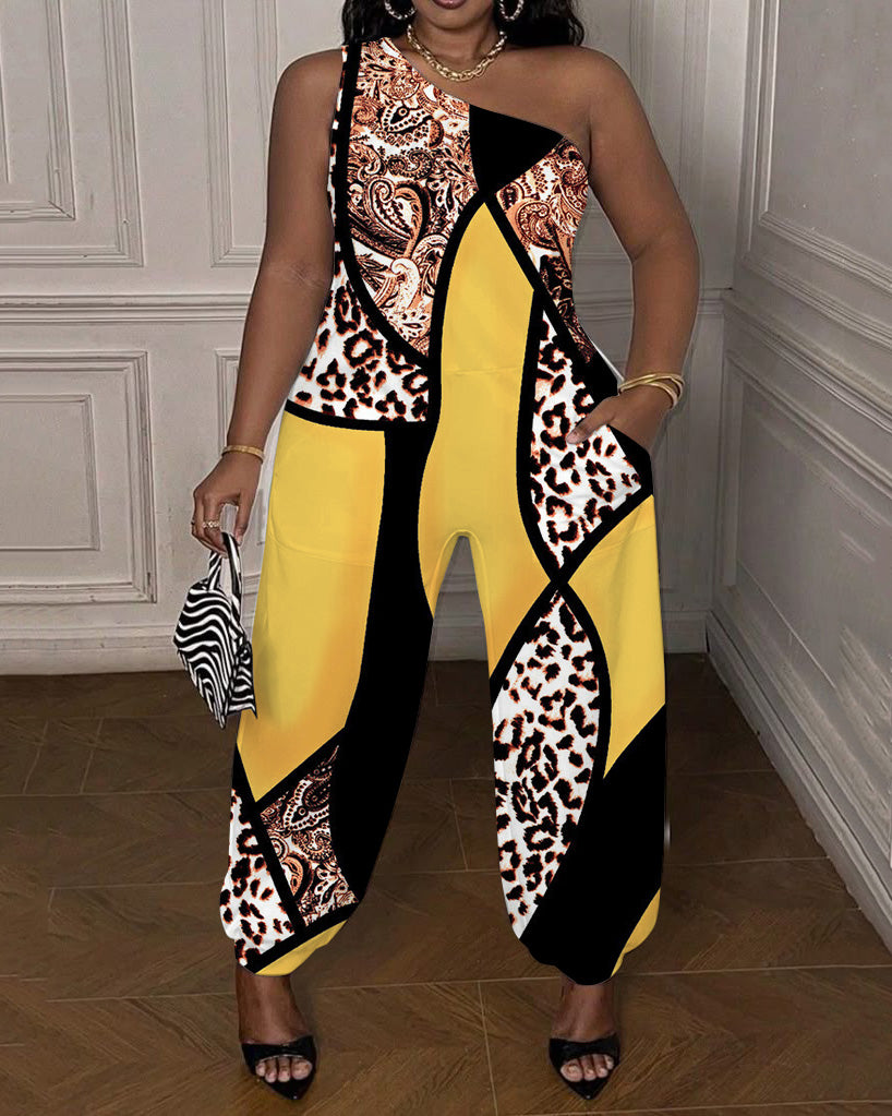Yellow Striped Leopard Women's One-shoulder Jumpsuit