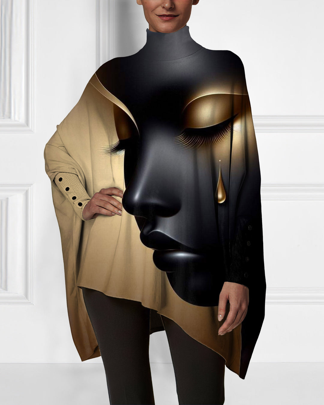 Golden Tears Girl Art Irregular High Neck Top