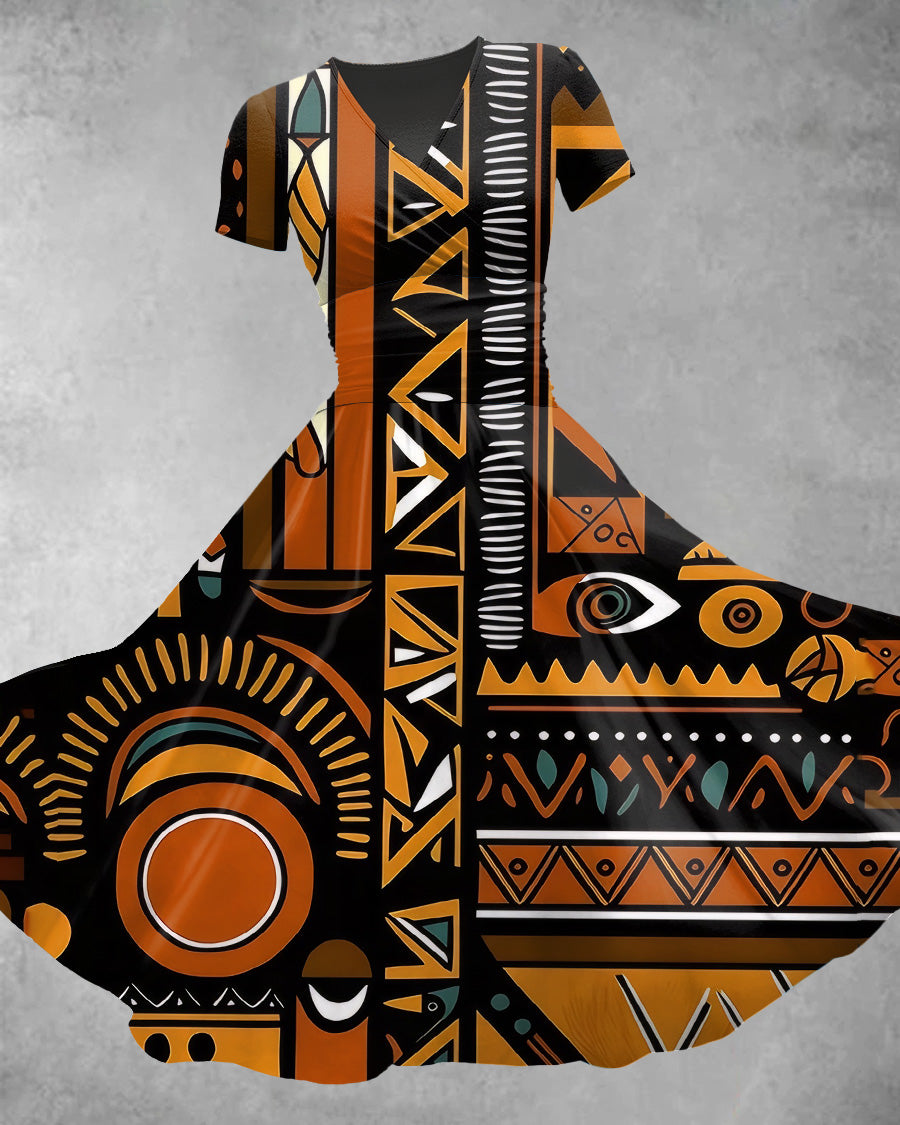 V Neck Abstract African Print Maxi Dress