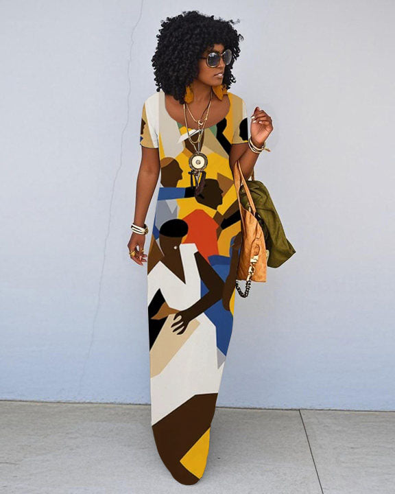 Harlem Renaissance Print Short Sleeve Crew Neck Maxi Dress
