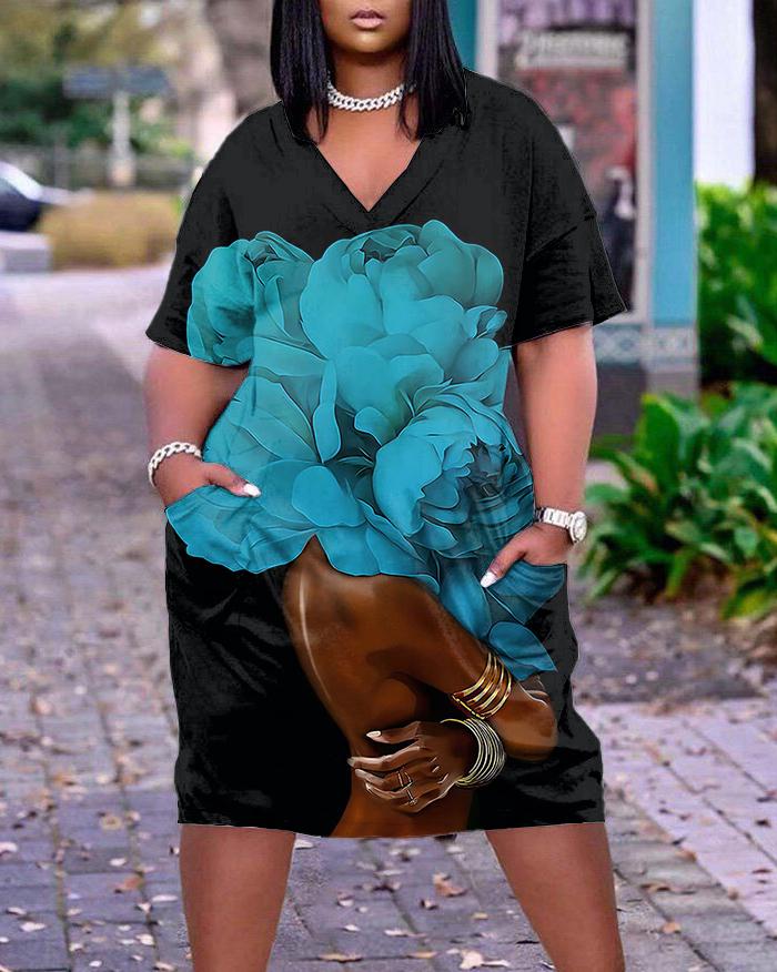 V-neck Blue Peony Art Girl Pocket A-line Dress
