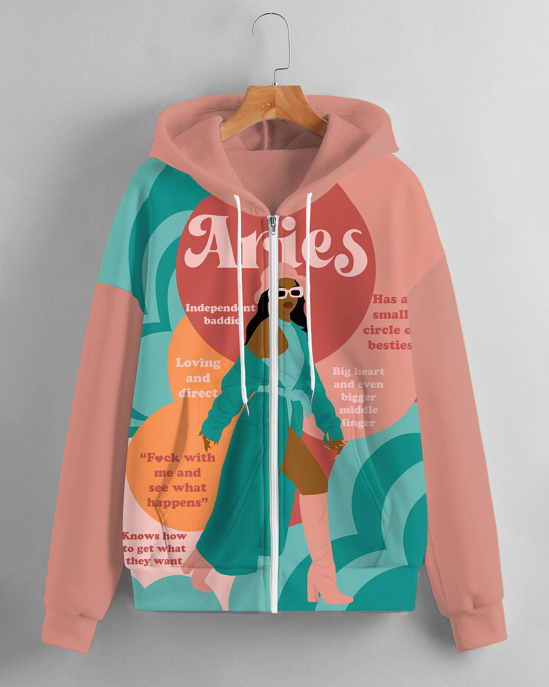 Women's Fashion Daily Black Aries Women Print Long Sleeve Zipper Hoodie