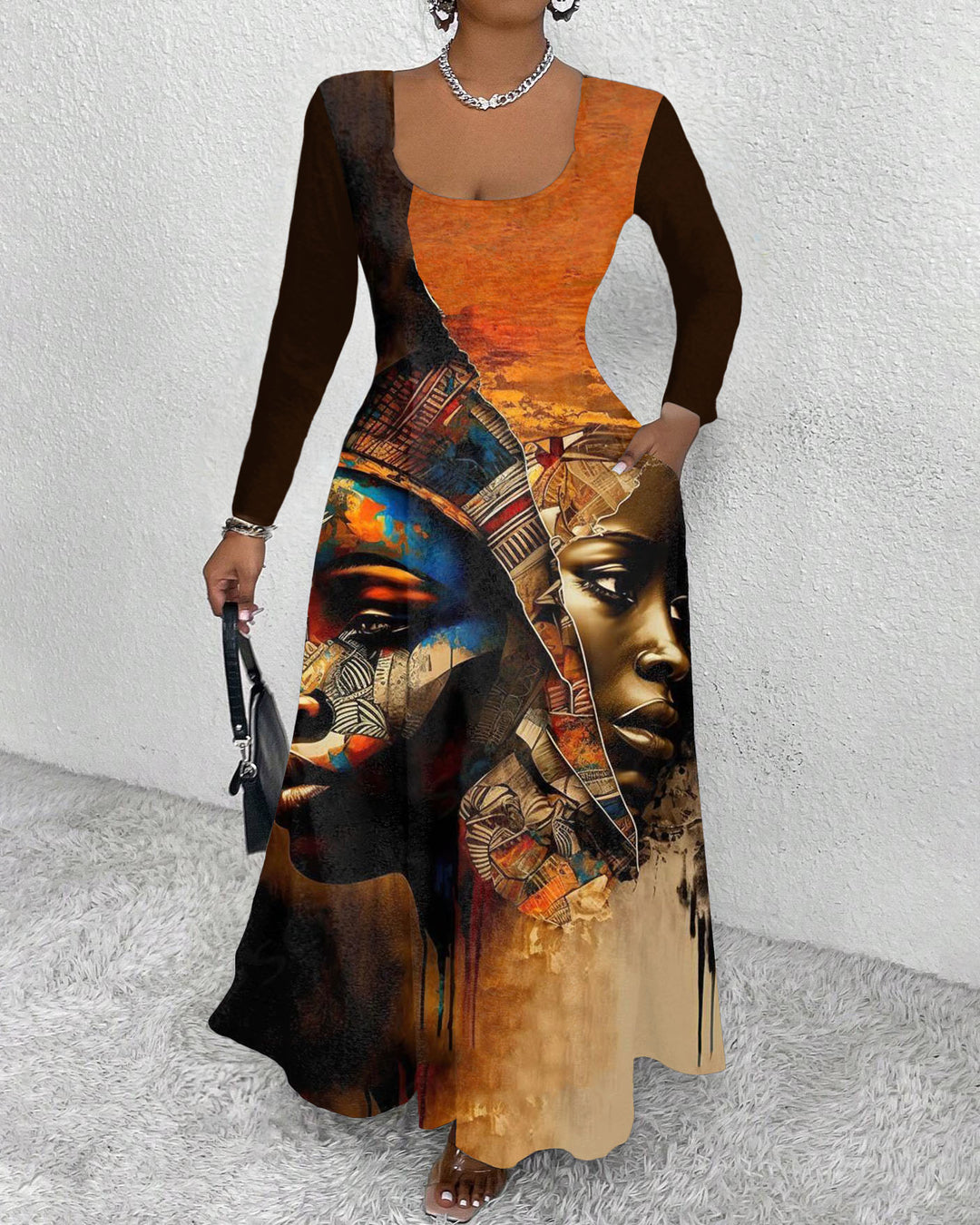 African Woman Face Round Neck Long Sleeve Maxi Dress