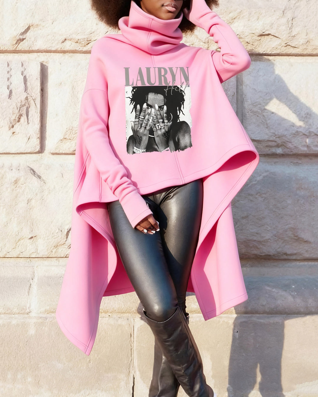 High Collar Pullover Lauren Hill Pink Irregular Long Sleeve Warm Sweatshirt