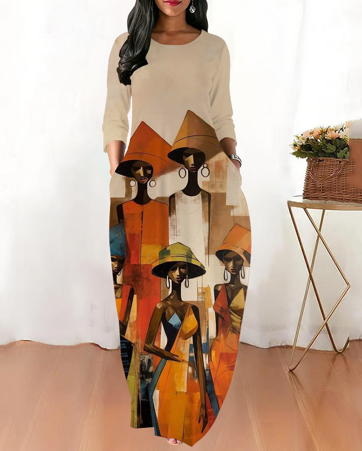 Round Neck Tribal Women's Prints Long Sleeves Maxi Dress
