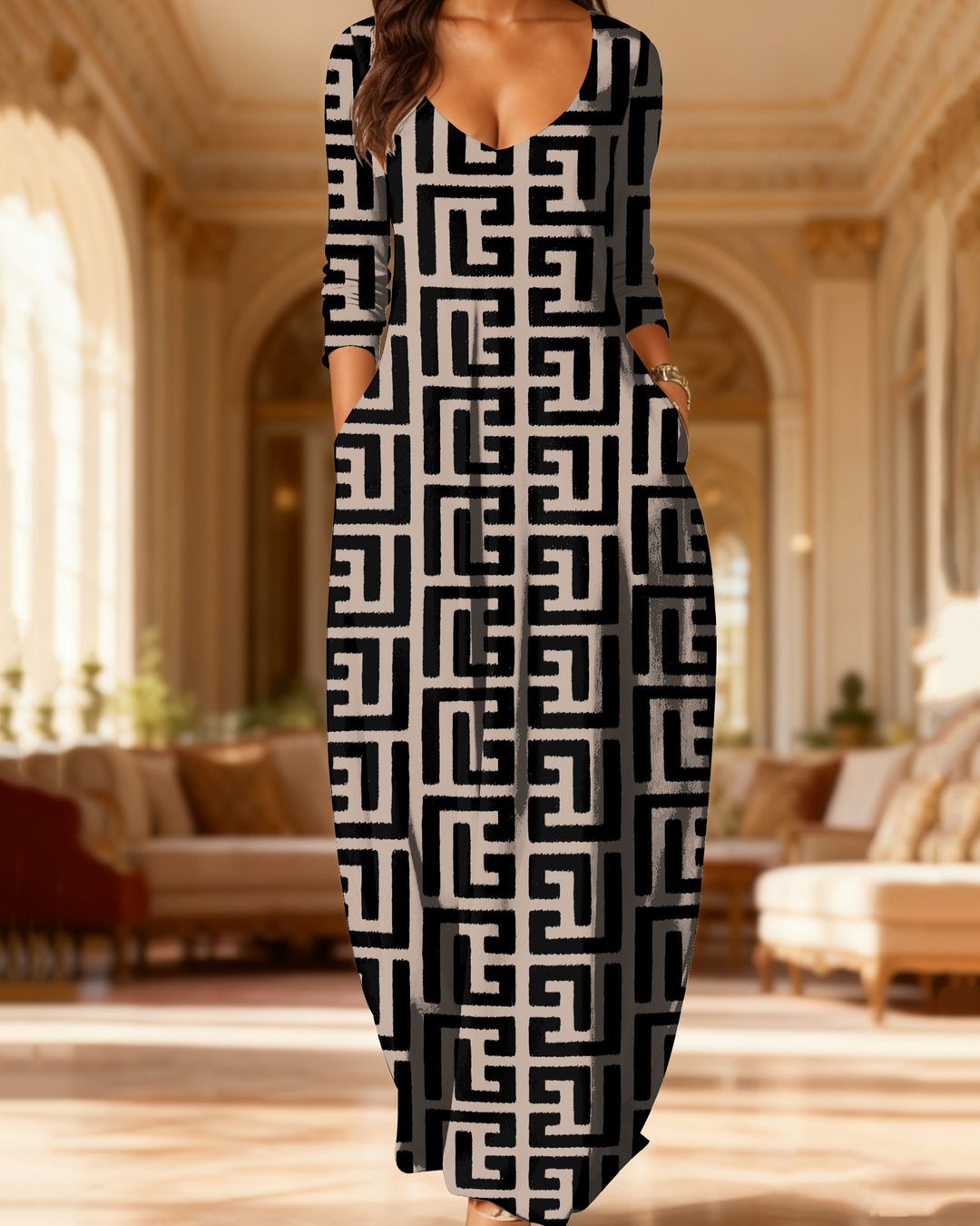 V Neck Irregular Geometric Stripes Long Sleeves Maxi Dress