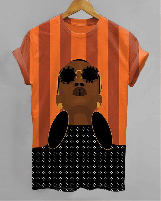 Black Women Big Earrings Illustration Round Neck Short Sleeve Shirt