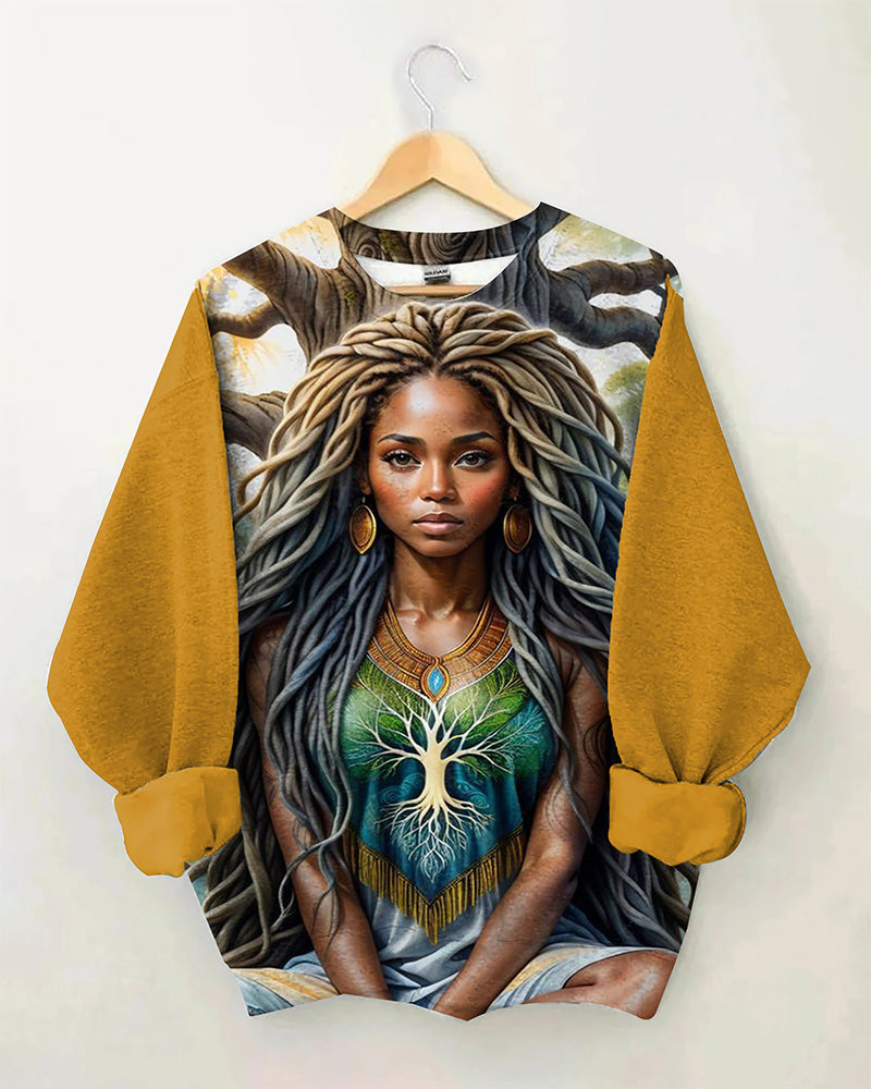 Black Girl Life Tree Ethnic Style Art Crew-neck Long Sleeve Top