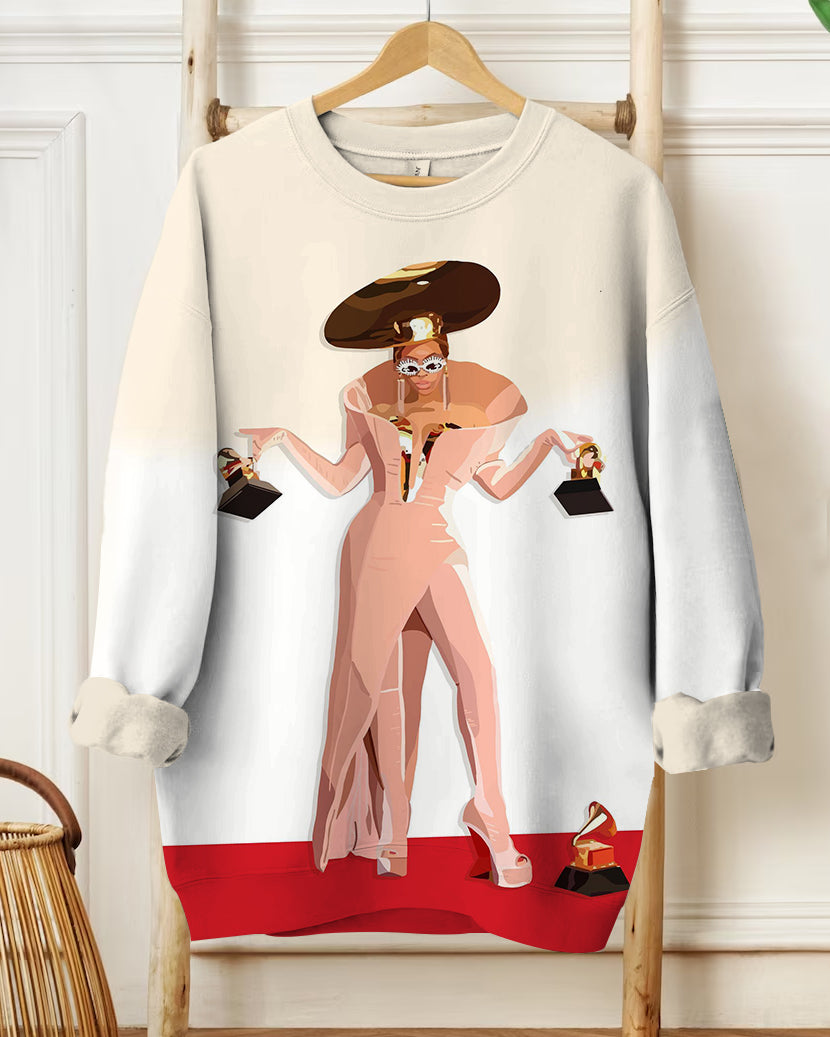 Women's Casual Fashion Music Singer Illustration Cartoon Prints Long-sleeved Sweatshirt