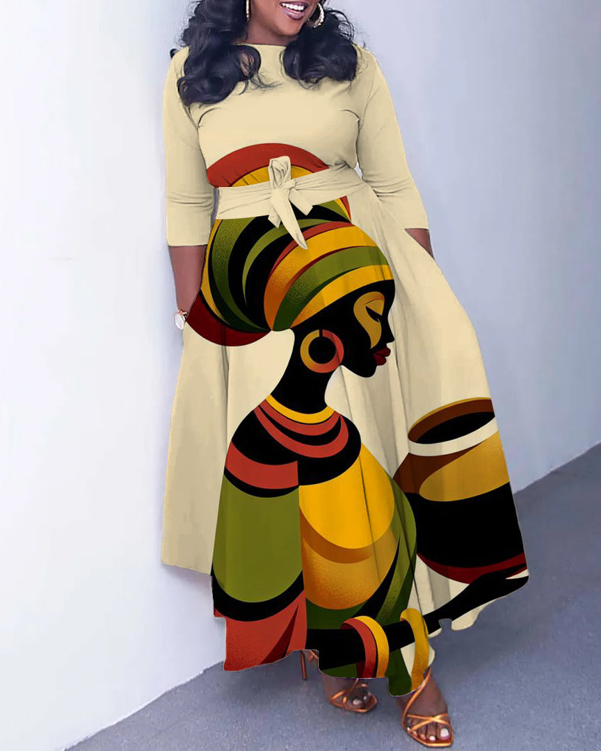 Ethnic Girl Long Sleeve Pockets Maxi Dress