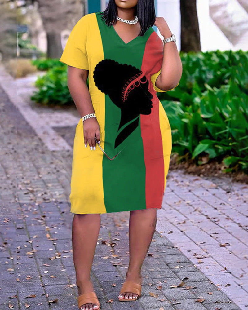 Contrast color V-neck short-sleeved casual dress
