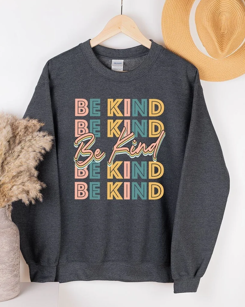Be Kind Letter Color Contrast Long Sleeve Sweatshirt