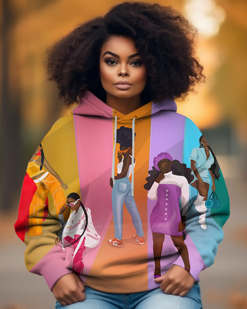 Brown Girl with Personality Cartoon Print Unisex Long-sleeved Hoodie