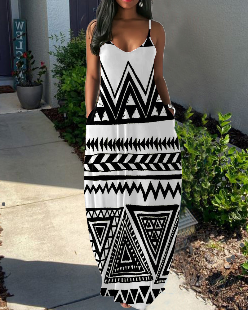 Sling Tribal Bohemian Print Pocket Dress