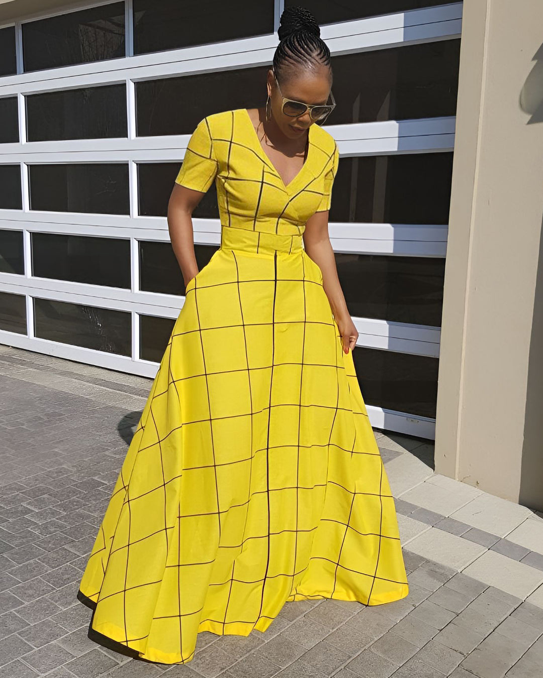 V Neck Yellow Black Stripes Short Sleeve Maxi Dress