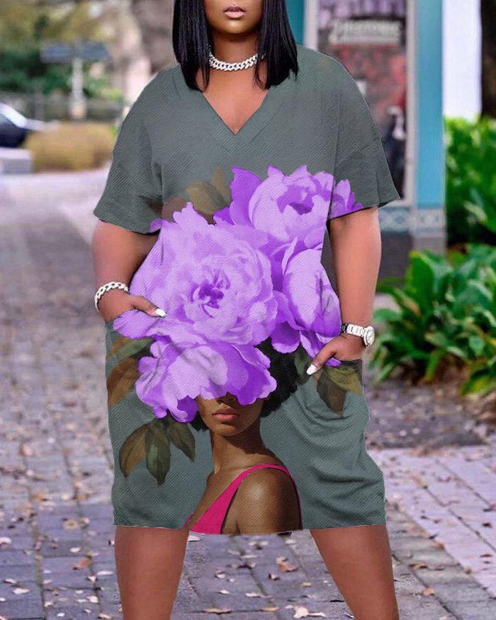 V-neck Purple Flowers Brown Girl Pocket A-line Dress