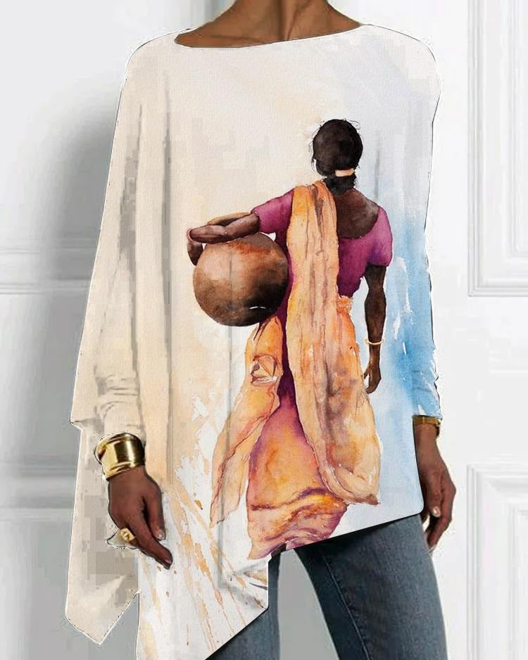 Fashion Oil Painting Black Girl Print Irregular Hem Tops