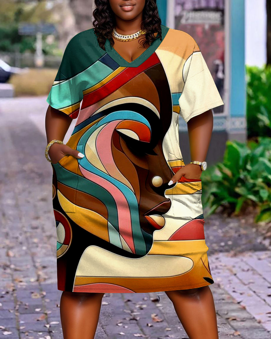 Black Woman Face Art Casual V-neck Pocket Dress