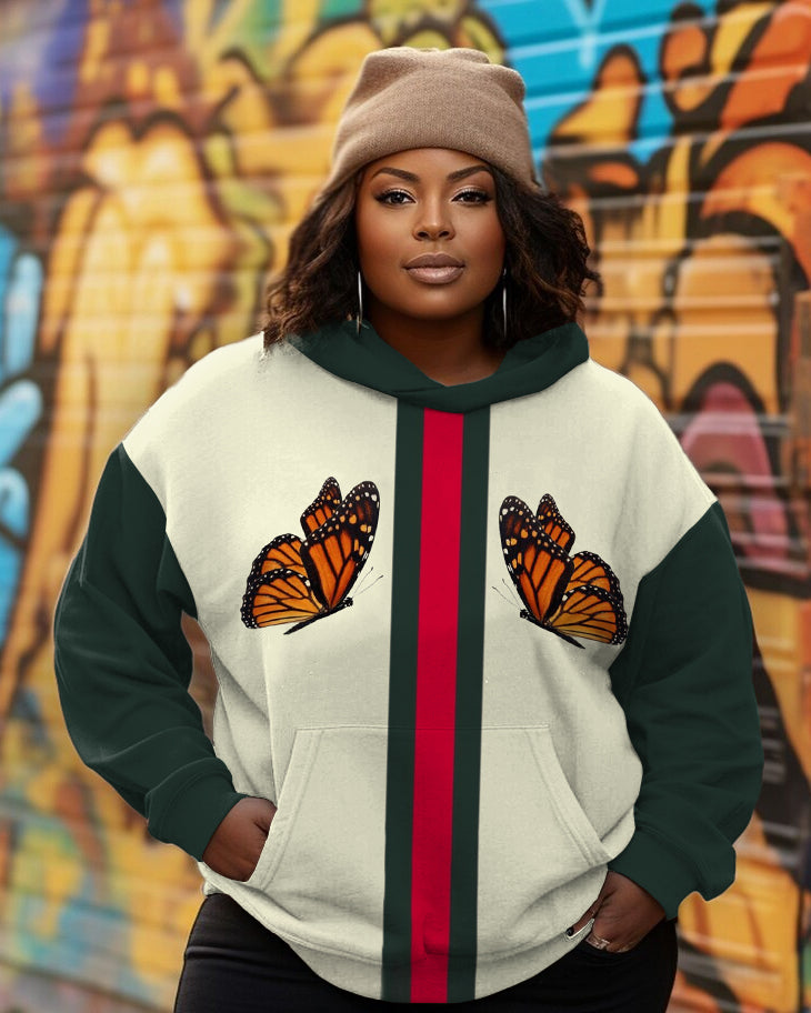 Women's Butterfly Stripe Print Long-sleeved Hooded Sweatshirt
