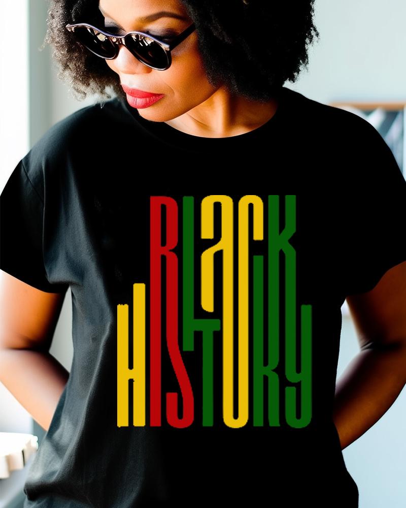 Black Historical Moon Neck Printed Casual Short Sleeved T-Shirt