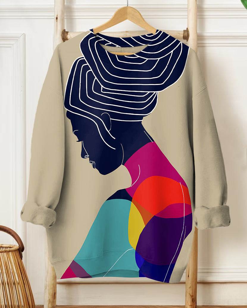 Contrasting Color Women Illustration Long-sleeved Sweatshirt