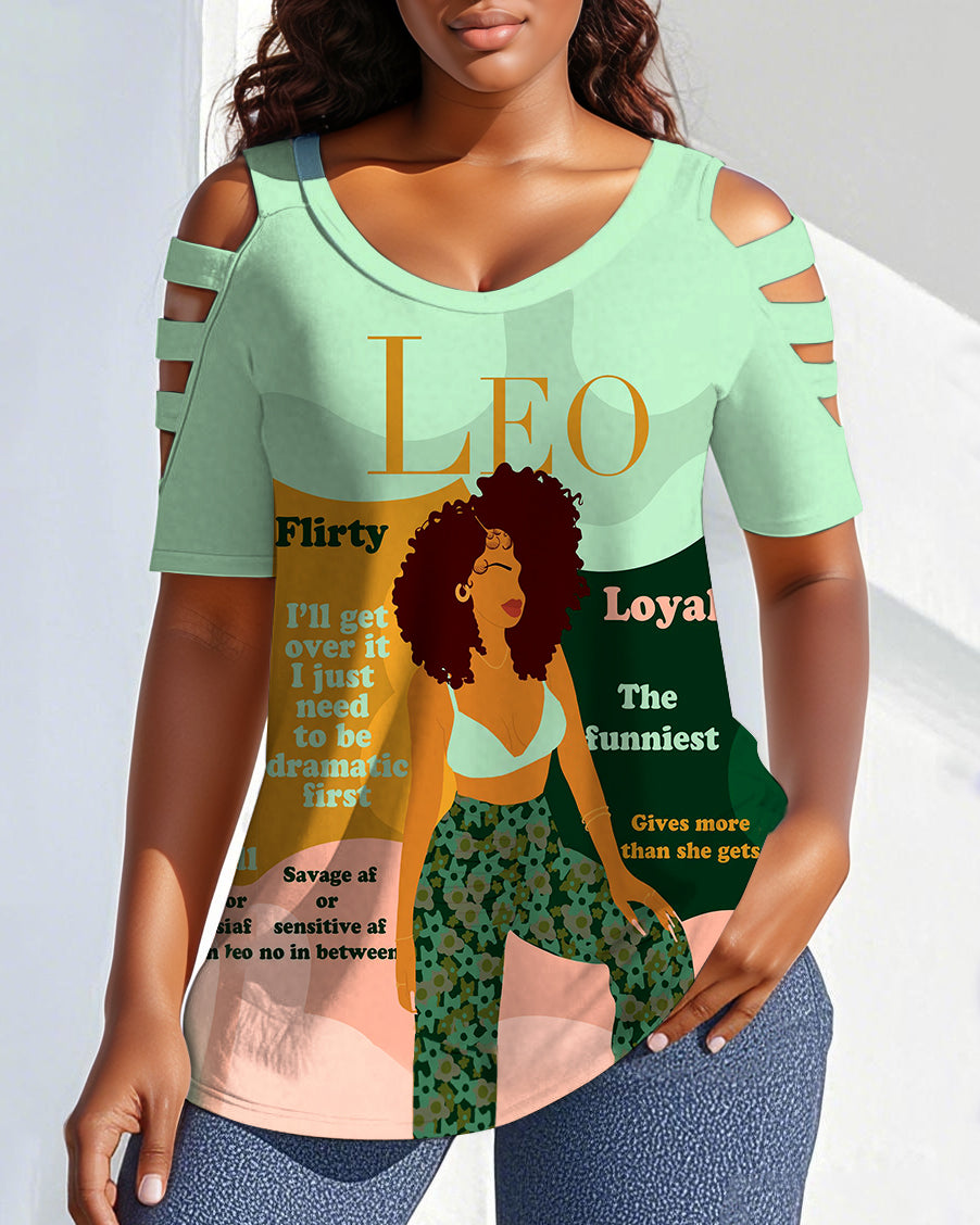 Leo Girly Season Print Off-shoulder Short-sleeved T-shirt