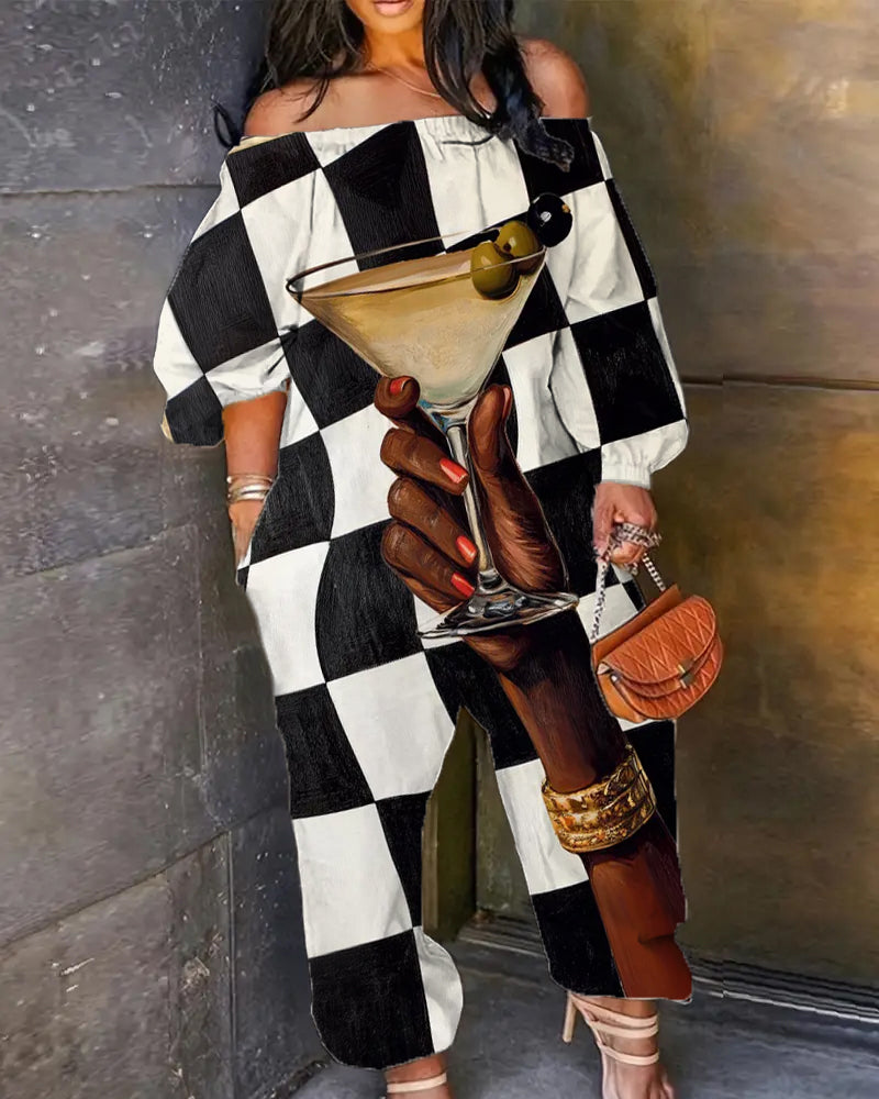 Black Art Plaid Retro One-shoulder Jumpsuit